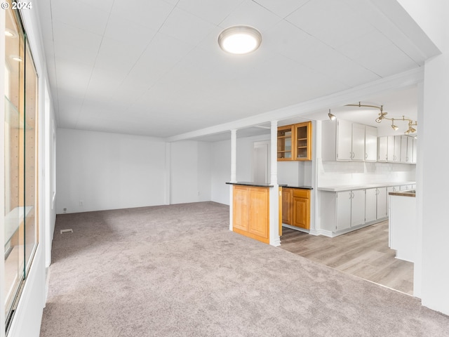 unfurnished living room with light colored carpet