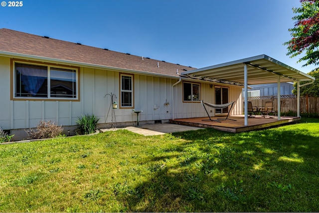 1278 Winery Ln, Eugene, OR 97404 - rear view of house featuring board and batten siding, a patio area, a shingled roof, and crawl space