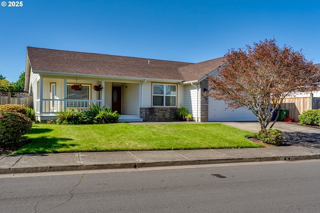 1278 Winery Ln, Eugene, OR 97404 - ranch-style home with an attached garage, concrete driveway, roof with shingles, and covered porch