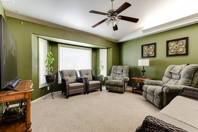 1278 Winery Ln, Eugene, OR 97404 - living area with vaulted ceiling, ceiling fan, carpet flooring, and baseboards