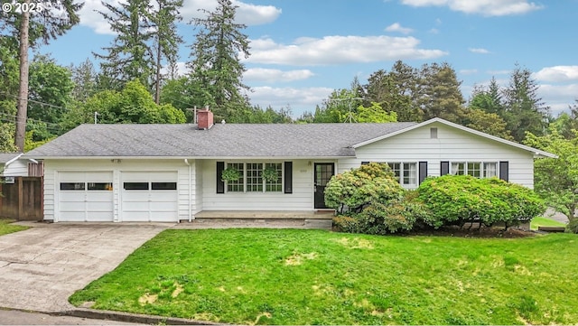 4242 SW Admiral St, Portland, OR 97221 - single story home featuring a garage, concrete driveway, a chimney, and roof with shingles