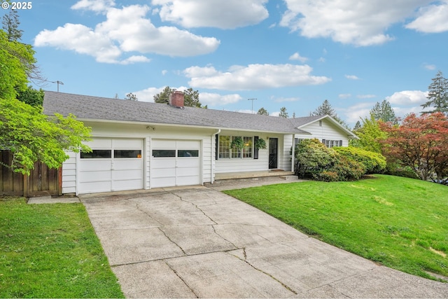 4242 SW Admiral St, Portland, OR 97221 - single story home with a garage, driveway, a chimney, and a front lawn