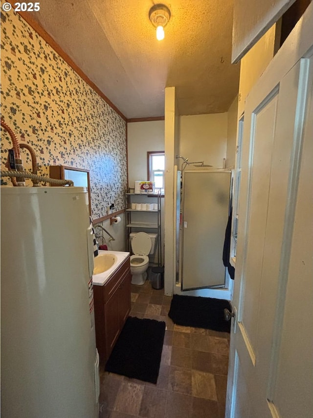 bathroom featuring crown molding, vanity, a textured ceiling, toilet, and walk in shower