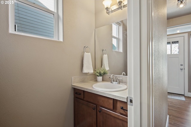 bathroom featuring vanity, hardwood / wood-style floors, and a healthy amount of sunlight