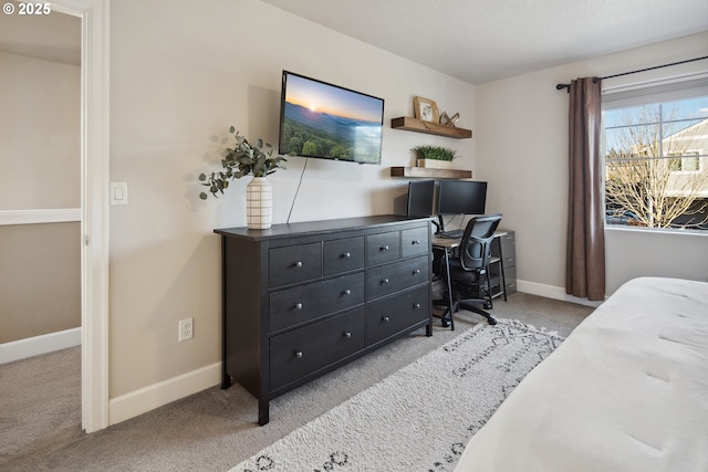 bedroom with light colored carpet