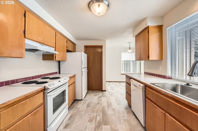 kitchen with light hardwood / wood-style flooring, white appliances, a textured ceiling, pendant lighting, and sink