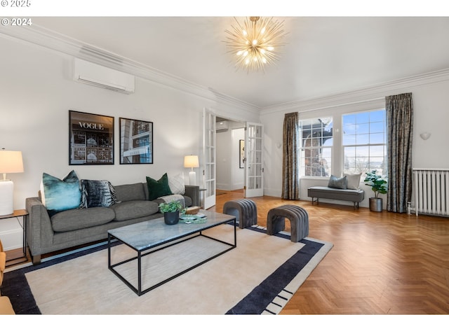 living room with radiator, crown molding, parquet flooring, an AC wall unit, and a chandelier