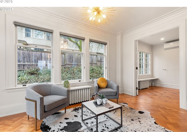 interior space with radiator heating unit, a wall unit AC, and a notable chandelier