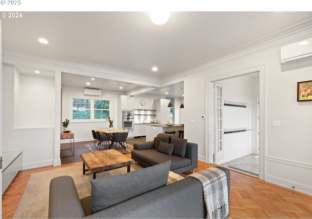 living room featuring crown molding, a wall unit AC, and light parquet floors