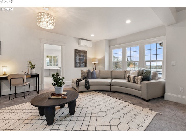 living room with a healthy amount of sunlight, a wall mounted air conditioner, a chandelier, and light carpet