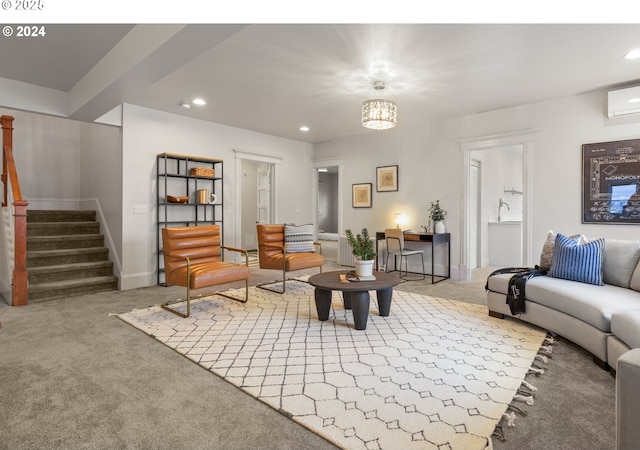 living room featuring carpet floors and a wall mounted AC