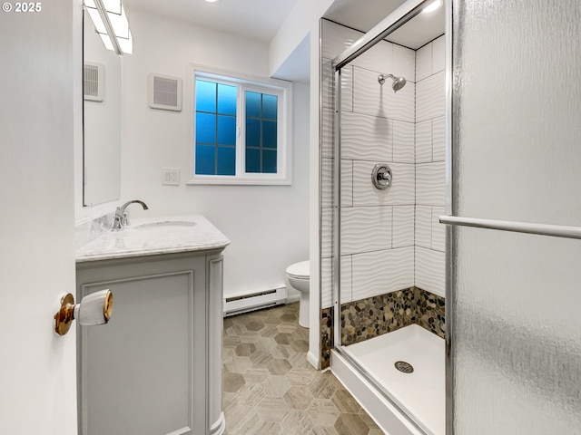 full bathroom with vanity, visible vents, a stall shower, toilet, and baseboard heating