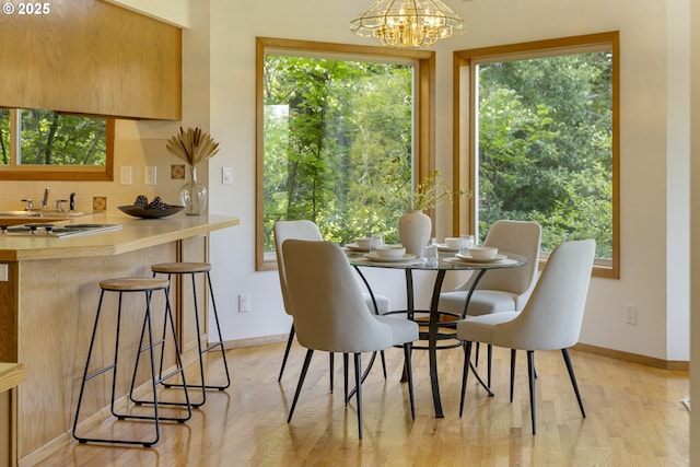 4719 Westwood Dr, Hood River, OR 97031 - dining space with light wood finished floors, a chandelier, and baseboards