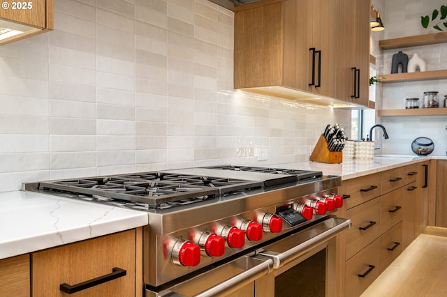 480 W U St, Washougal, WA 98671 - kitchen with double oven range, open shelves, and backsplash
