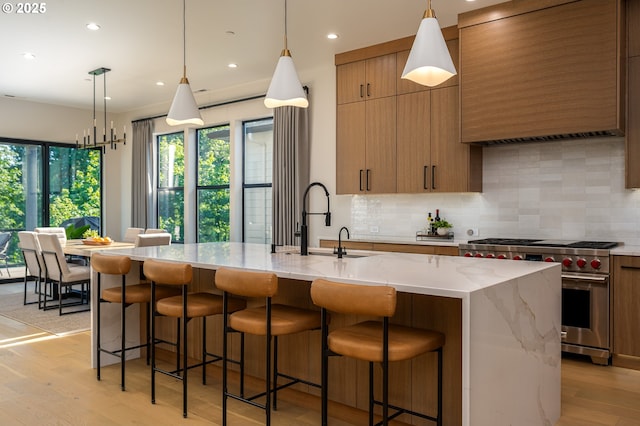 480 W U St, Washougal, WA 98671 - kitchen with luxury range, light wood-type flooring, range hood, decorative backsplash, and a sink