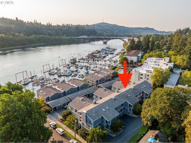 aerial view at dusk with a water view