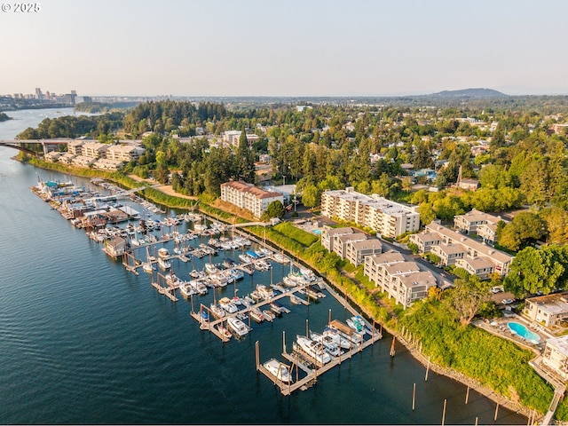 bird's eye view with a water view