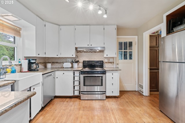 300 NE 148th Ave, Portland, OR 97230 - kitchen with stainless steel appliances, under cabinet range hood, a sink, white cabinetry, and decorative backsplash