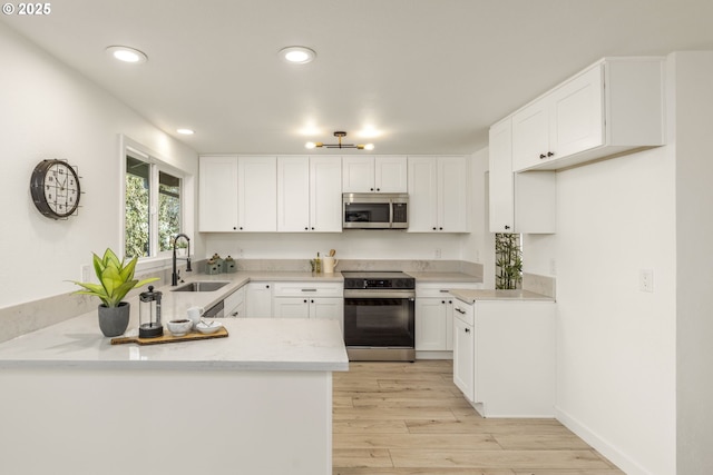 kitchen featuring sink, appliances with stainless steel finishes, white cabinets, kitchen peninsula, and light wood-type flooring