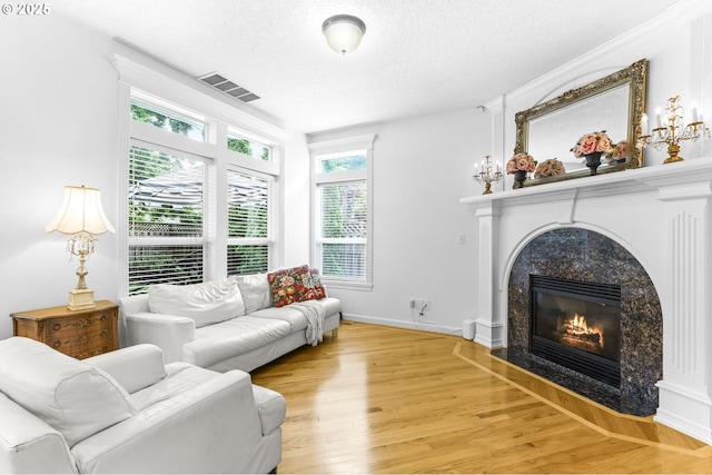 16800 NW Paddington Dr, Beaverton, OR 97006 - living area with light wood-style flooring, a high end fireplace, and a textured ceiling