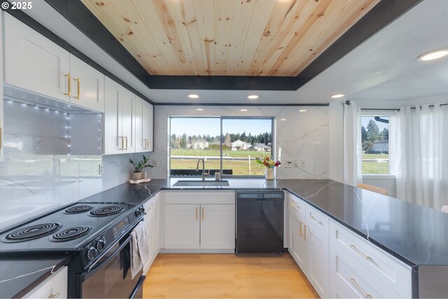 kitchen featuring sink, white cabinetry, black appliances, wooden ceiling, and light wood-type flooring