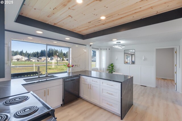 kitchen with white cabinetry, black dishwasher, sink, kitchen peninsula, and wooden ceiling