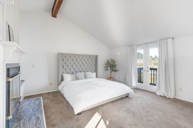 bedroom with light carpet, access to exterior, vaulted ceiling with beams, and french doors