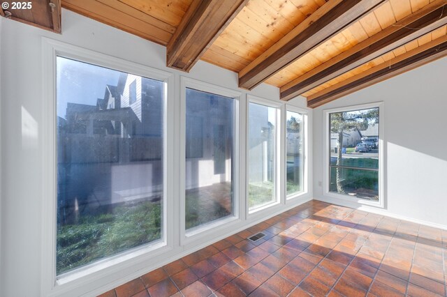 unfurnished sunroom with wood ceiling and vaulted ceiling with beams