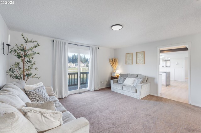 living room with light colored carpet and a textured ceiling