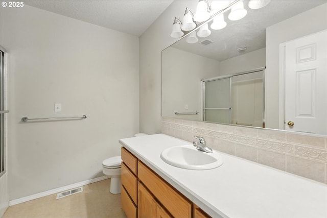bathroom with an enclosed shower, backsplash, toilet, baseboards, and vanity