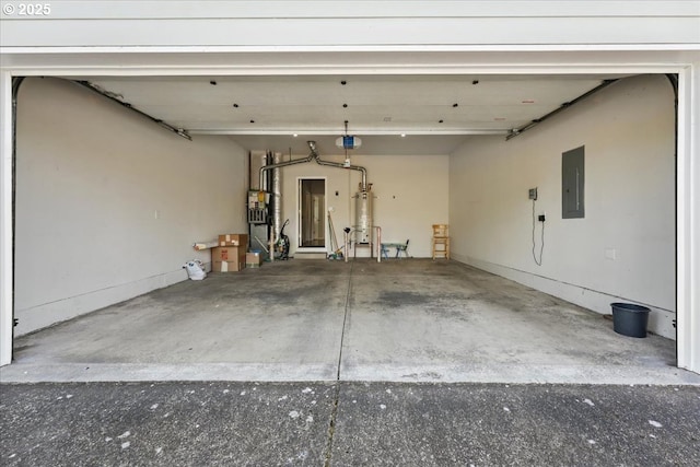 garage with electric panel, water heater, and a garage door opener