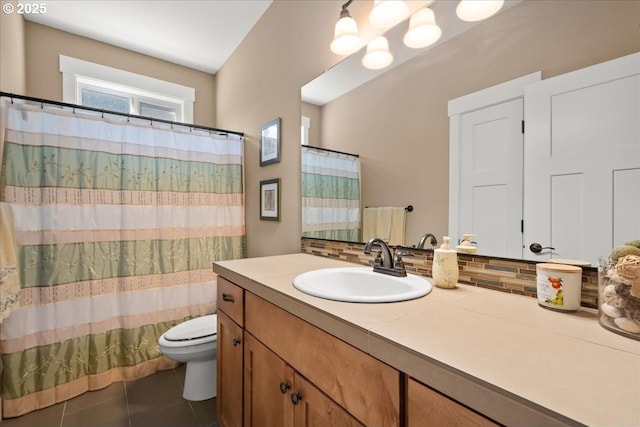 2336 Heather Way, Forest Grove, OR 97116 - full bath with toilet, vanity, tile patterned floors, backsplash, and a shower with shower curtain