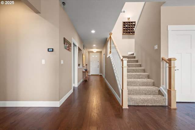 2336 Heather Way, Forest Grove, OR 97116 - foyer entrance featuring stairway, dark wood finished floors, baseboards, and recessed lighting