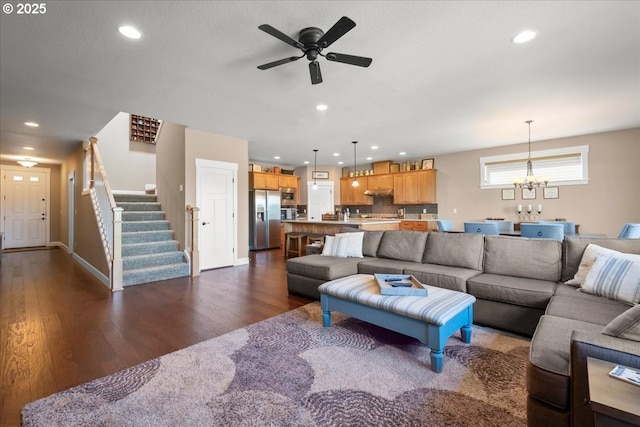 2336 Heather Way, Forest Grove, OR 97116 - living room featuring dark wood finished floors, a chandelier, a ceiling fan, recessed lighting, and stairway
