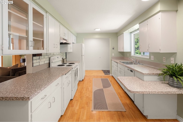 kitchen featuring white appliances, a sink, under cabinet range hood, and light wood-style floors