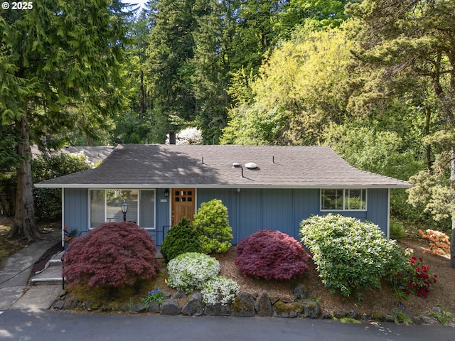 view of front of house featuring a shingled roof and a wooded view