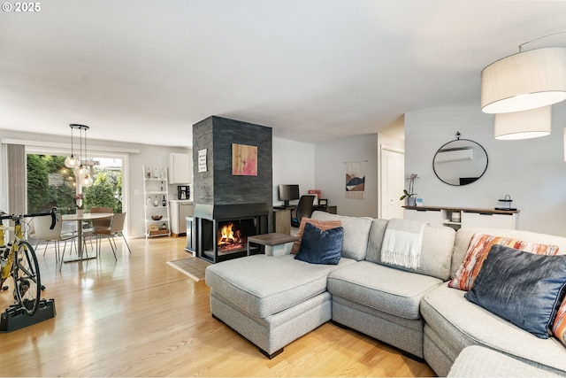 living area with light wood-type flooring and a multi sided fireplace