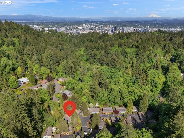 view of property location featuring a forest and mountains