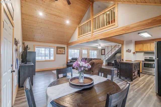 34949 Bond Rd, Lebanon, OR 97355 - dining space with ceiling fan, stairway, wood ceiling, high vaulted ceiling, and plenty of natural light