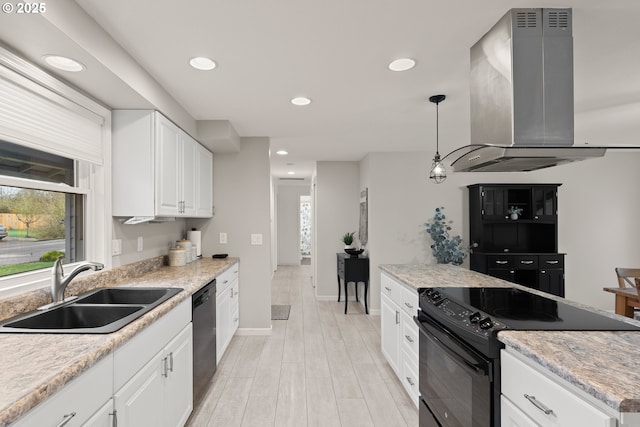 kitchen with electric range, a sink, white cabinetry, dishwashing machine, and extractor fan