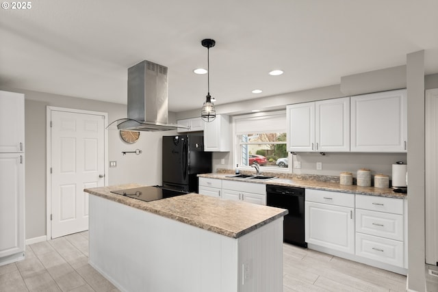 kitchen with a center island, wood tiled floor, island range hood, black appliances, and a sink