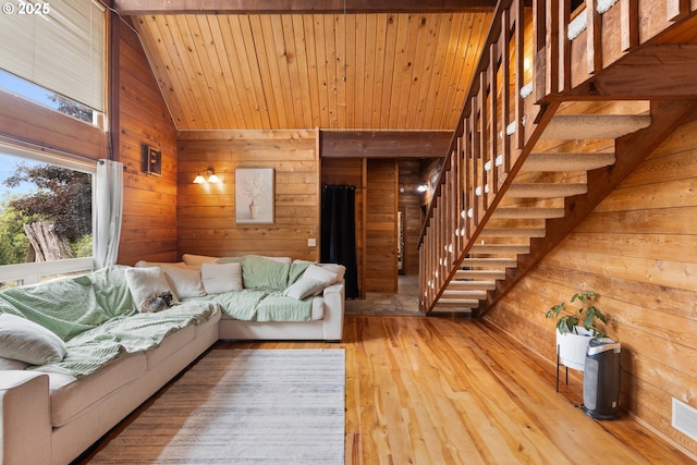 596 Sable Dr, Roseburg, OR 97470 - living area with wooden walls, stairway, vaulted ceiling, hardwood / wood-style floors, and wood ceiling