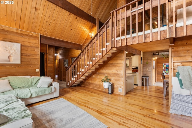 596 Sable Dr, Roseburg, OR 97470 - living area featuring wood walls, wood ceiling, stairs, wood-type flooring, and beam ceiling