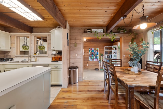 596 Sable Dr, Roseburg, OR 97470 - dining space with wood ceiling, wood walls, light wood-style flooring, and beam ceiling