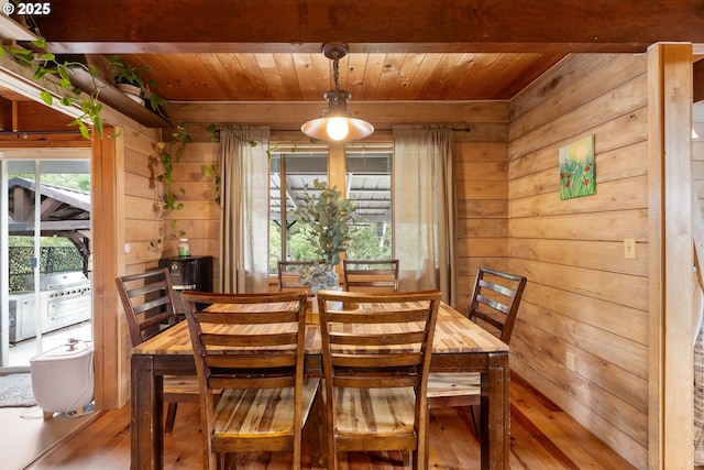 596 Sable Dr, Roseburg, OR 97470 - dining area featuring wooden walls, wooden ceiling, and wood finished floors