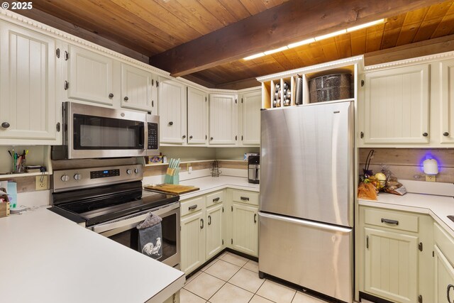 596 Sable Dr, Roseburg, OR 97470 - kitchen with stainless steel appliances, wooden ceiling, light tile patterned floors, light countertops, and beam ceiling