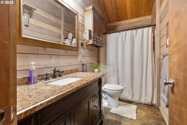 596 Sable Dr, Roseburg, OR 97470 - full bathroom with wood ceiling, wooden walls, toilet, vanity, and a shower with shower curtain