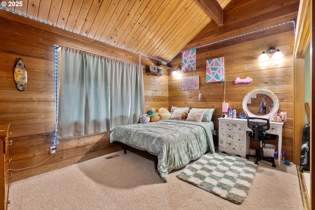 596 Sable Dr, Roseburg, OR 97470 - carpeted bedroom featuring wooden ceiling and wood walls