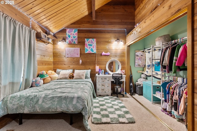 596 Sable Dr, Roseburg, OR 97470 - bedroom with lofted ceiling, wooden ceiling, wooden walls, and carpet flooring
