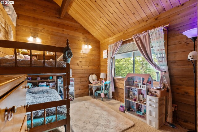 596 Sable Dr, Roseburg, OR 97470 - carpeted bedroom featuring wooden ceiling and wood walls